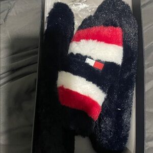 Tommy Hilfiger Striped Fuzzy Slippers - Red, White, and dark Blue